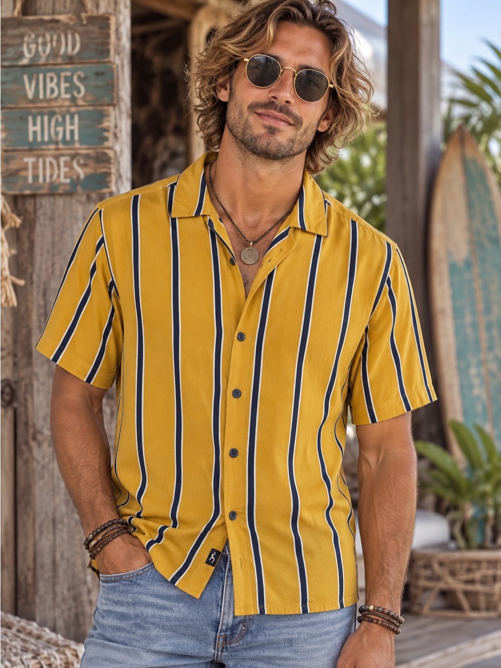 Hollister Men’s Mustard Yellow Short-sleeve button-down Shirt